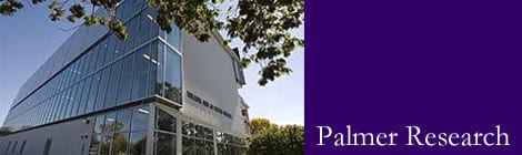 Palmer Center for Chiropractic Research building on the left side and purple block of color with the words "Palmer Research" over it