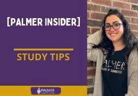 Female student against a brick wall, "Palmer Insider study tips"