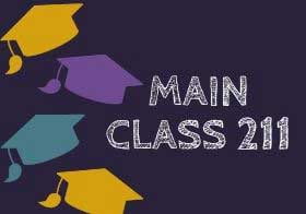 Graduation hats against a purple background "Main Class 211"