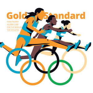 three Olympians hurdling over the Olympic rings logo