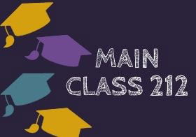 Main Class 212 on a purple background with graduation caps
