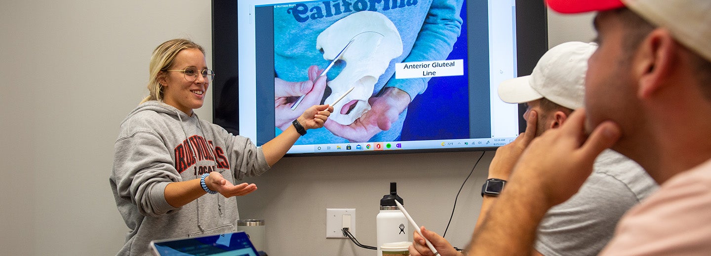 Mentor pointing to a screen while two other students look on.