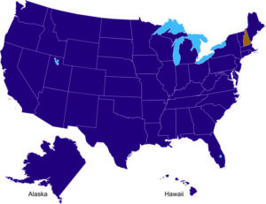 blue outline of map of United States including Alaska and Hawaii