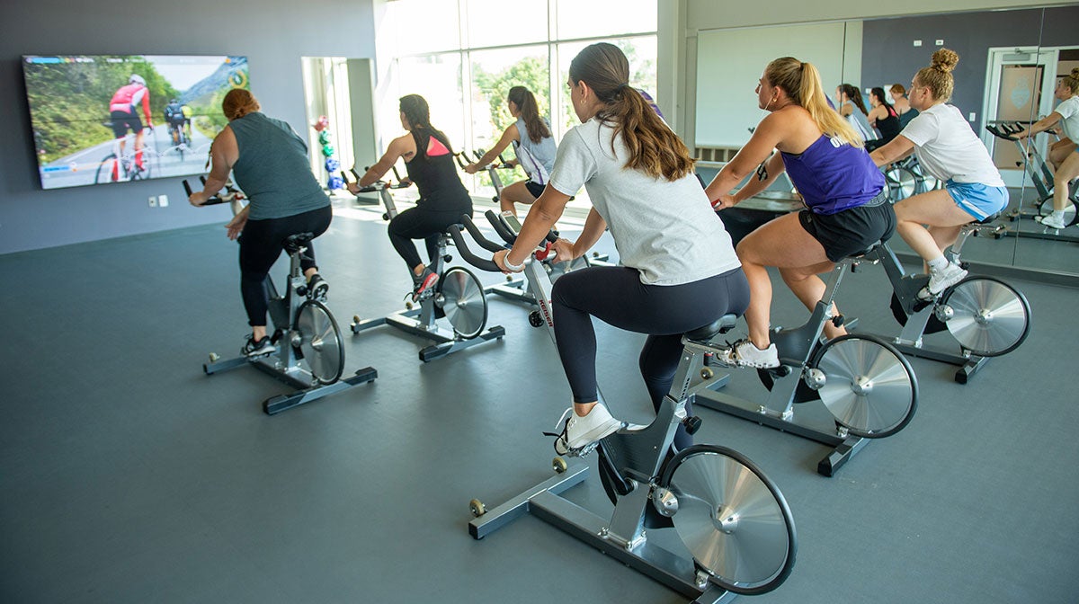 Group of women in cycling class