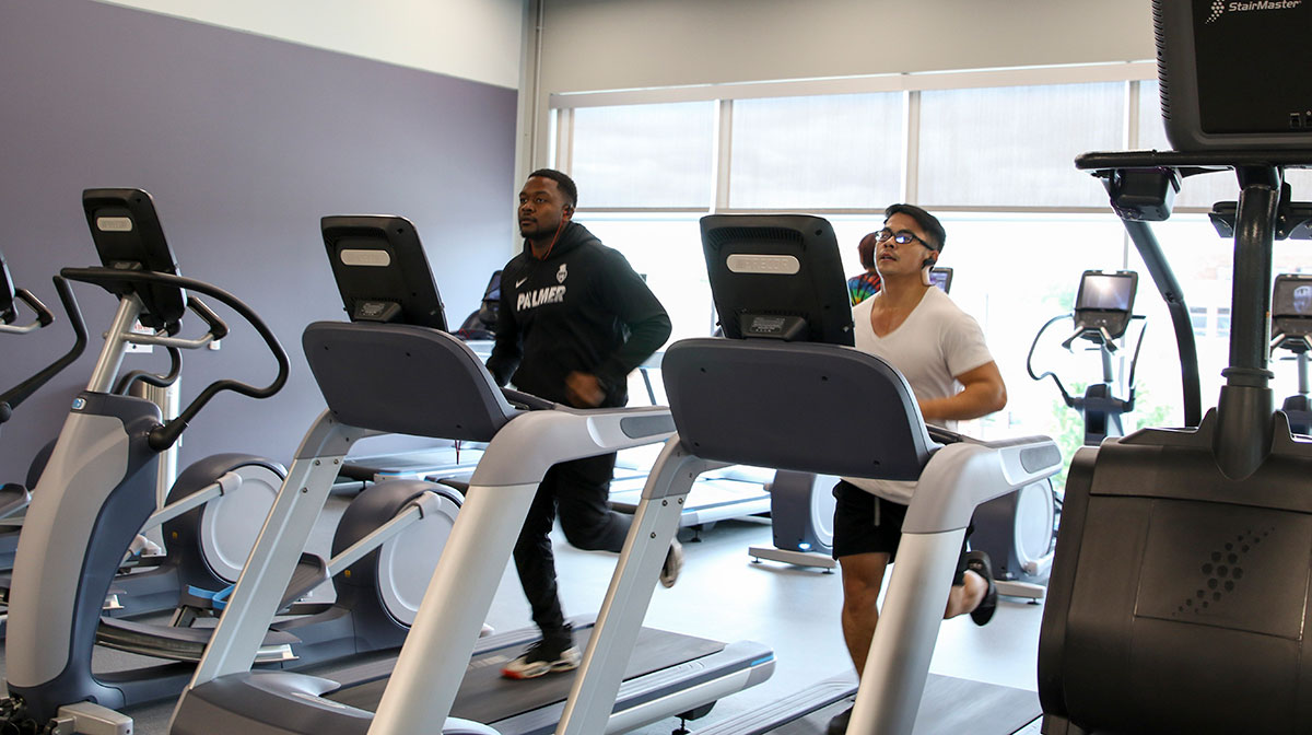 Two people running on treadmills.