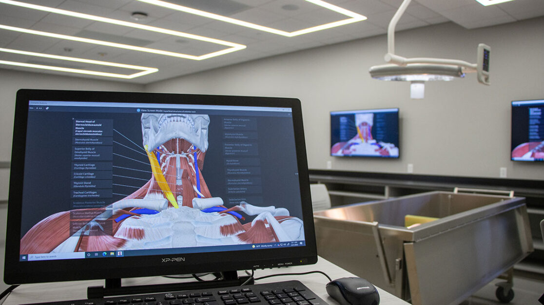 Anatomy software displayed on monitors in an anatomy lab