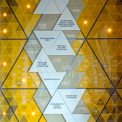 Major donors are displayed on the Donor Wall at Palmer College of Chiropractic.