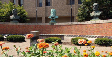 Brick wall with three busts behind marigolds