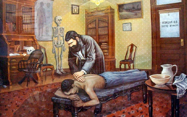 Drawing of D.D. Palmer's historical first adjustment on Harvey Lillard.