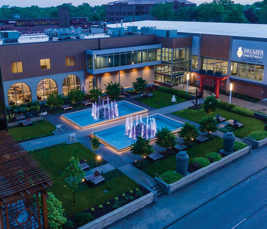 Palmer College's main campus, showing the Clinic Gardens and Bittner Center