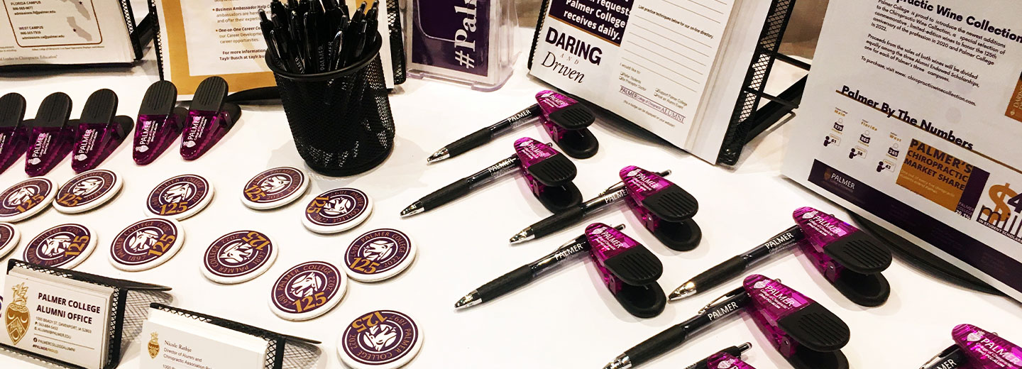 Photo of promotional items displayed at a tradeshow booth.