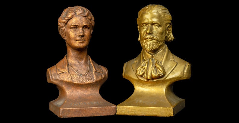 Small busts of Drs. BJ and Mabel Palmer.