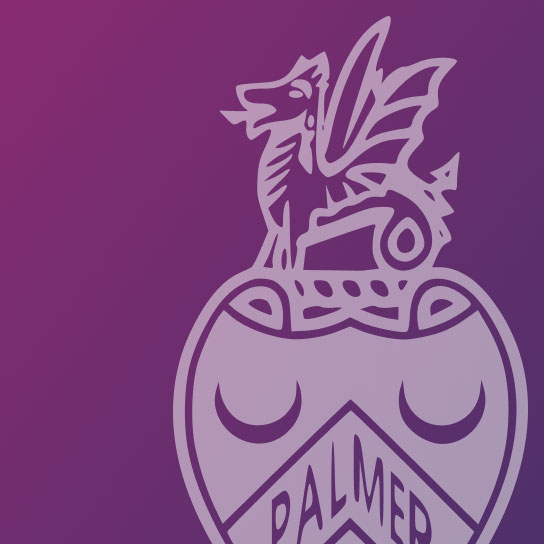Palmer College crest against an purple and pink background.