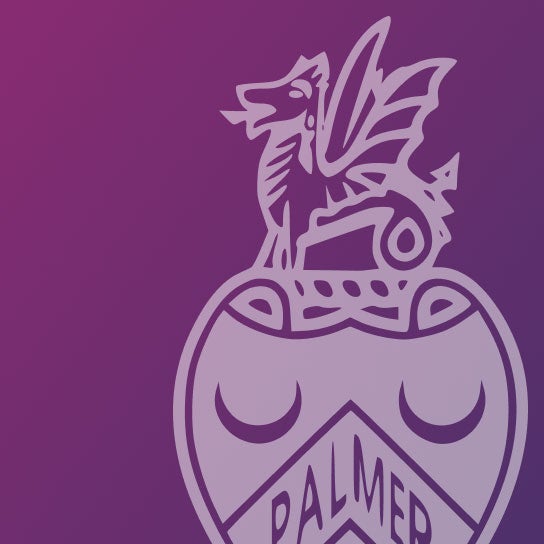 Palmer College crest against an purple and pink background.