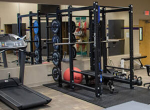 squat rack and weights in a room 
