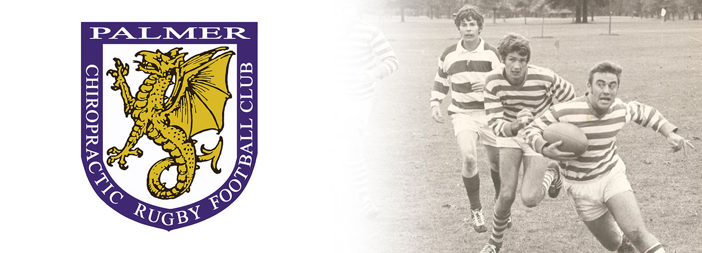 Palmer Rugby logo fading into black and white historical rugby game photo.