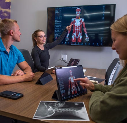 Small group of students reviewing X-rays and muscle charts.