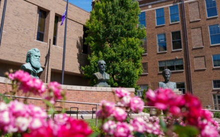 Brick wall with four busts behind pink flowers.