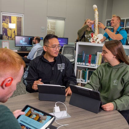 Groups of students studying in the David D. Palmer Health Sciences Library.