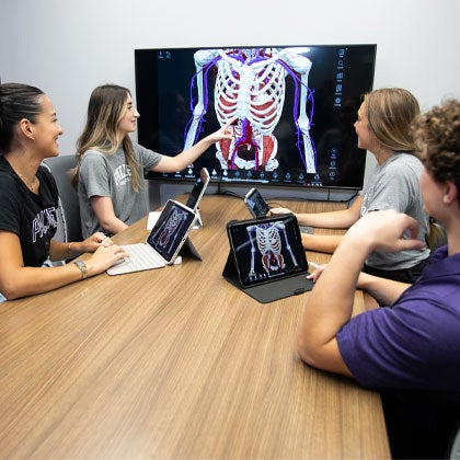 Students in study space reviewing digital spine model.